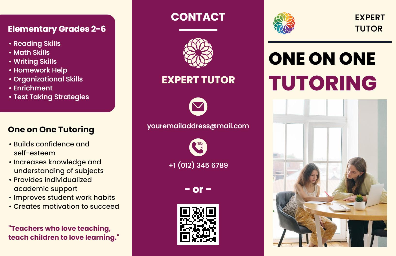 Engaging Purple One-on-One Tutoring Services for Grades 2-6 Brochure Template