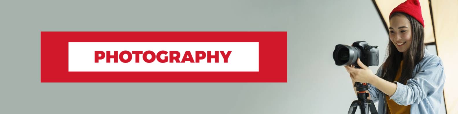 Enthusiastic Photographer with Camera on Grey Background Banner Template