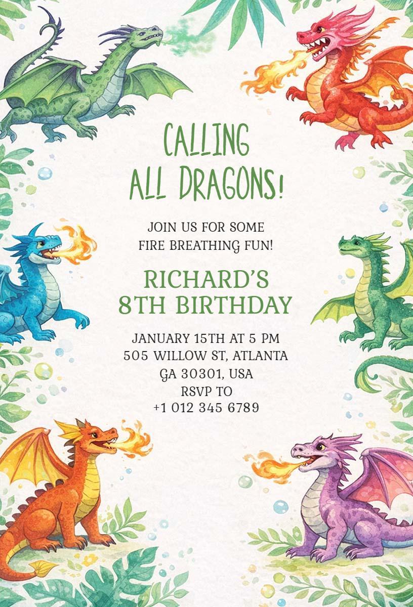Epic Dragon Theme 8th Birthday Celebration Invitation Template