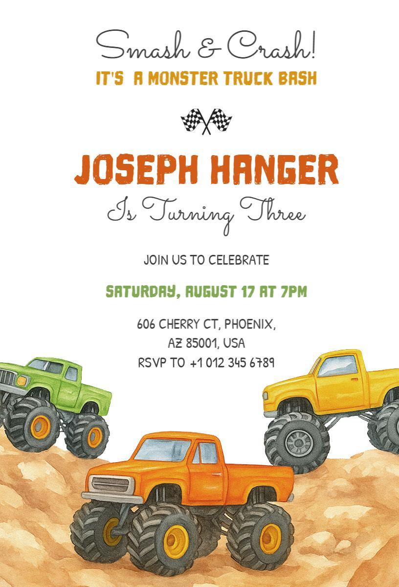 Epic Monster Truck Adventure Birthday Celebration Invitation Template