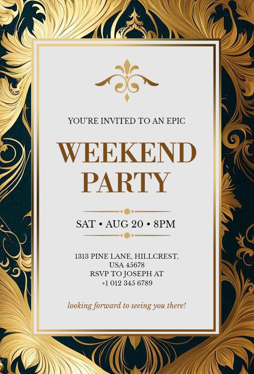 Epic Weekend Celebration Luxurious Gold Party Invitation Template