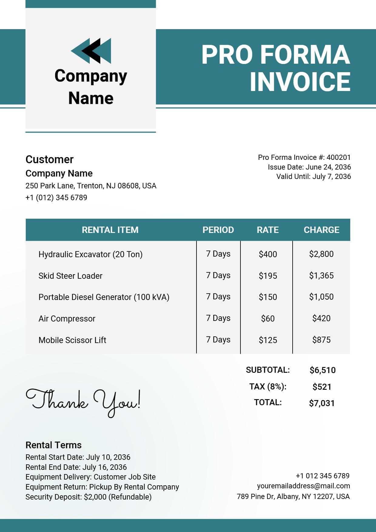 Equipment Rental Proforma Invoice Template