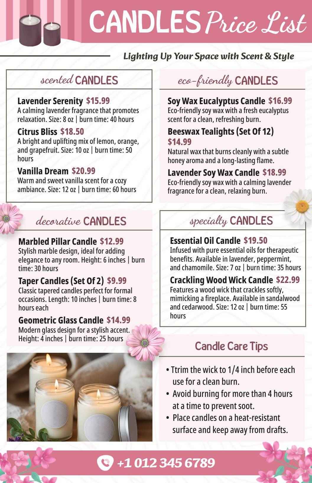 Essential Oil Infused and Aromatic Scented Candles Price List Template