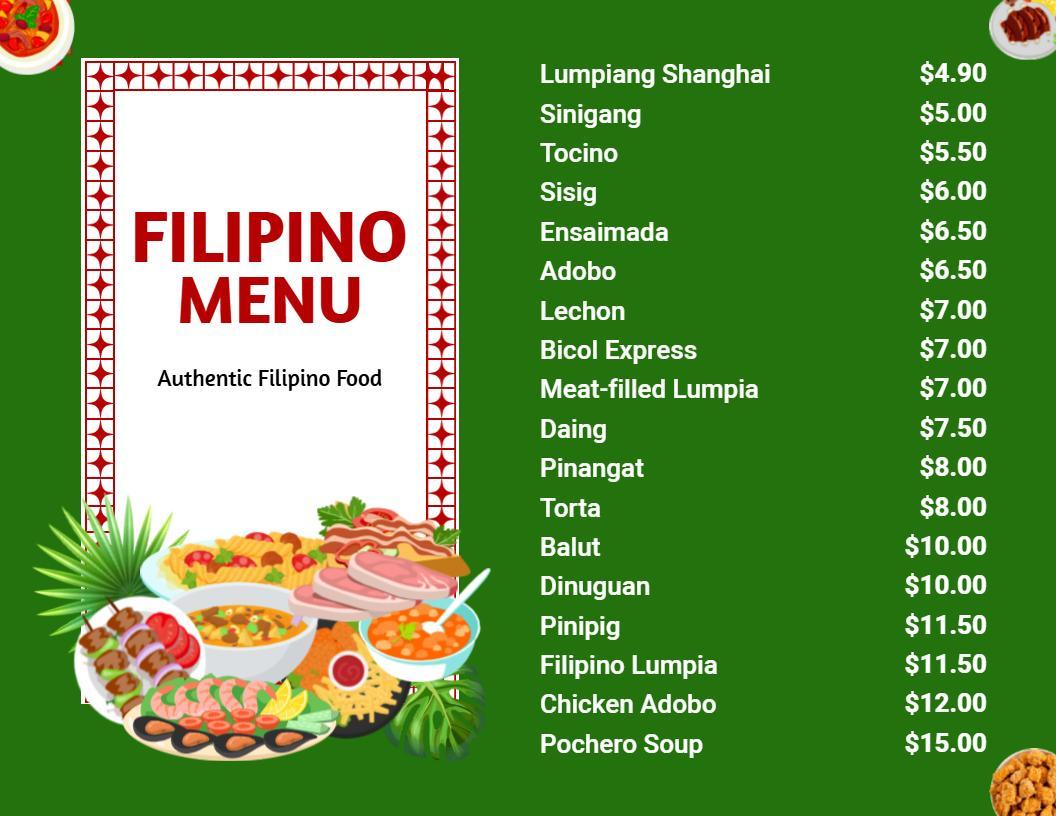 Ethnic Design Green and Red Filipino Cuisine Menu Template