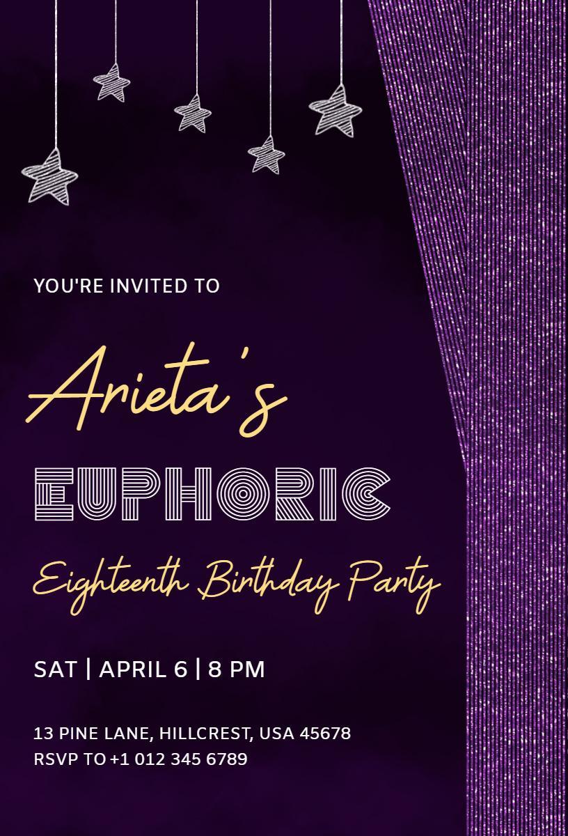 Euphoric Purple Eighteenth Birthday Celebration Invitation Template