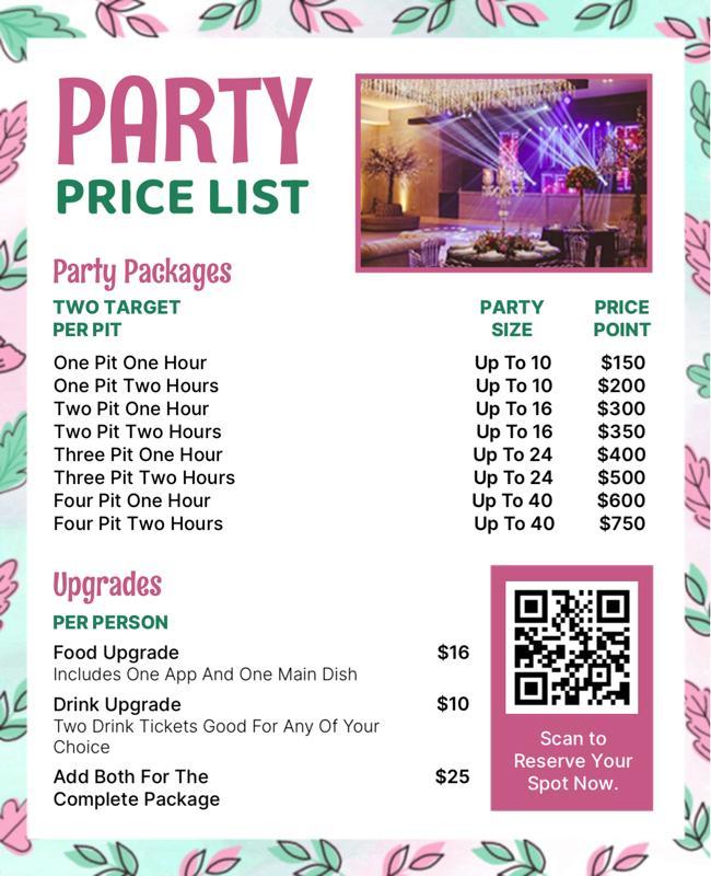 Event Venue Party Price List Flyer Template