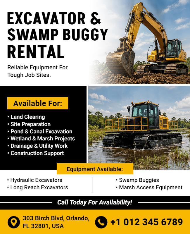 Excavator and Swamp Buggy Rental Services Flyer Template
