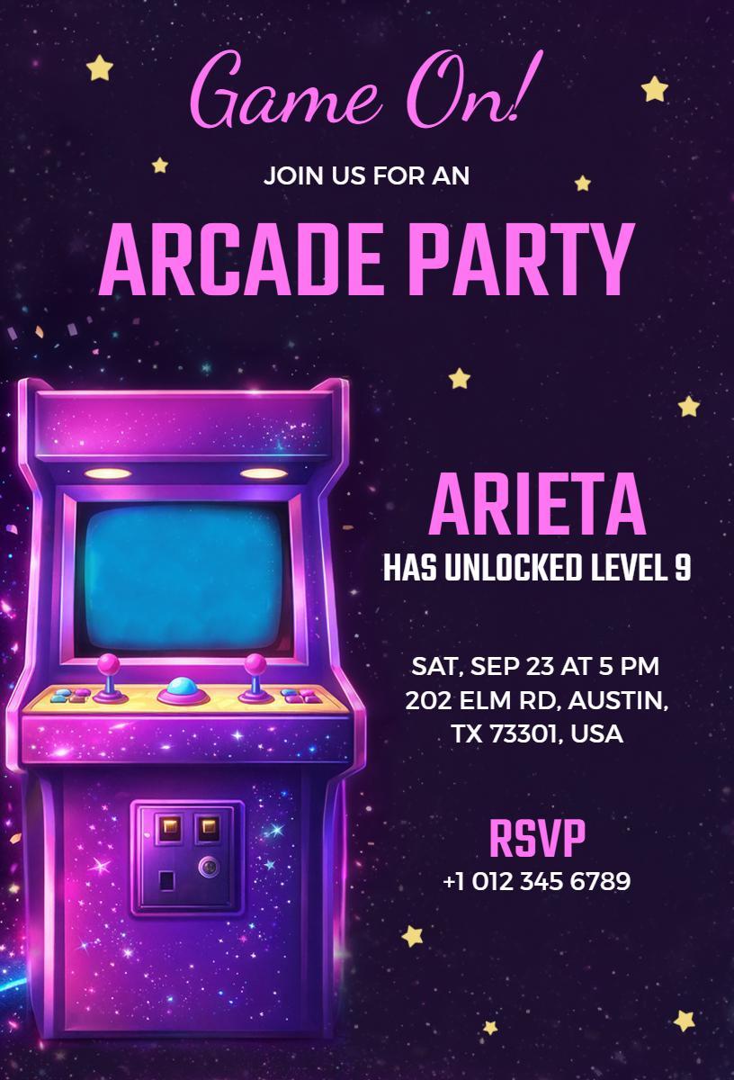 Exciting Arcade Game Theme Birthday Celebration Invitation Template