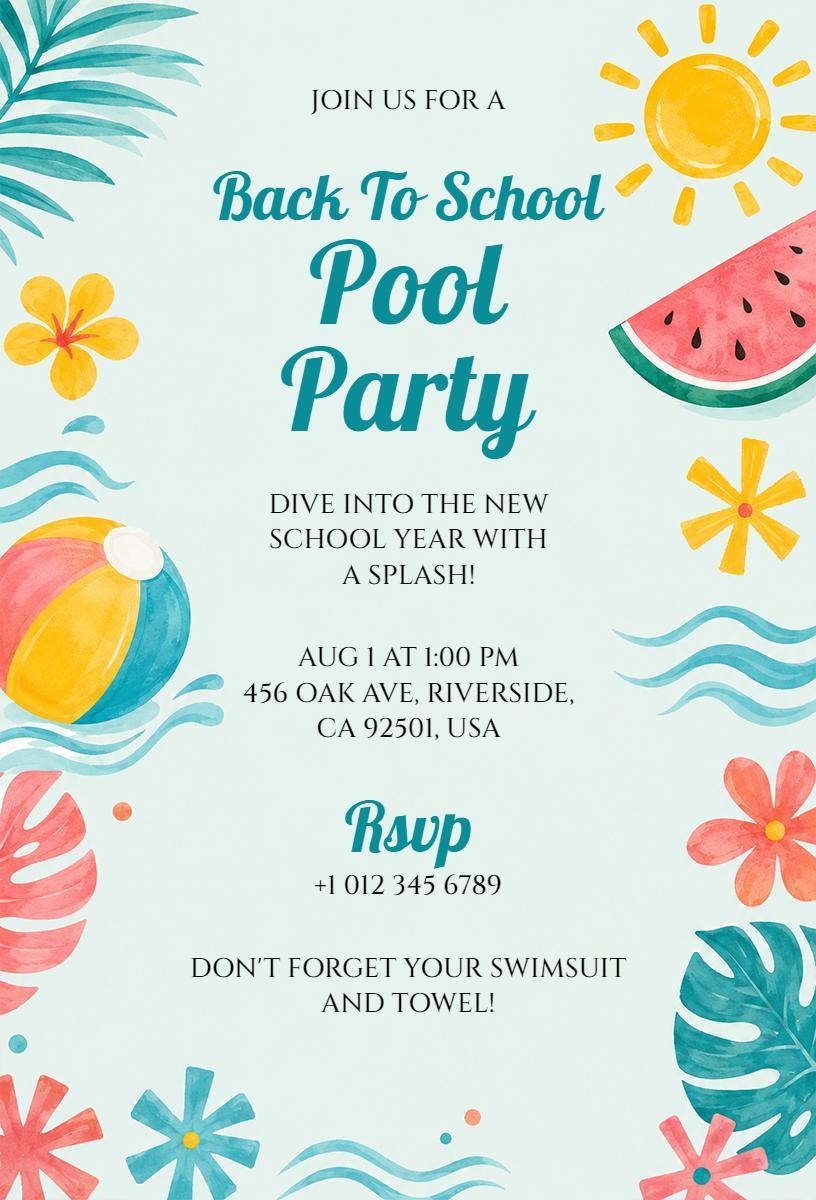Exciting Back To School Pool Party Celebration Invitation Template