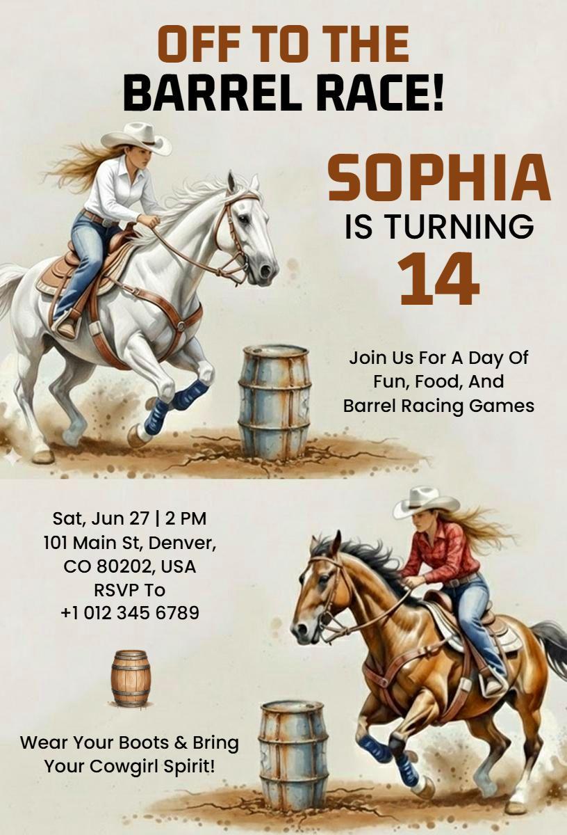 Exciting Barrel Race Horse Birthday Celebration Invitation Template