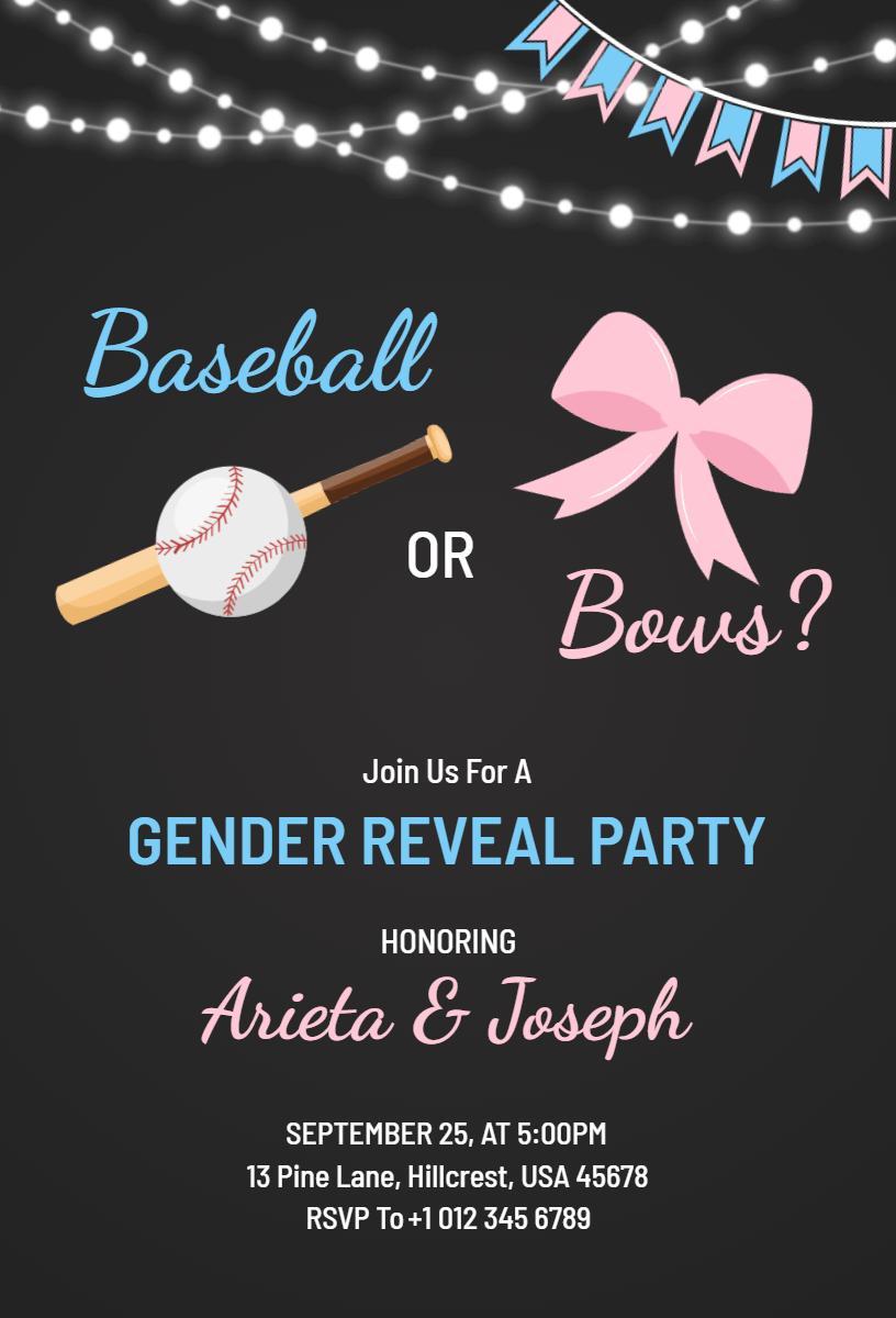 Exciting Baseball or Bows Gender Reveal Party Invitation Template