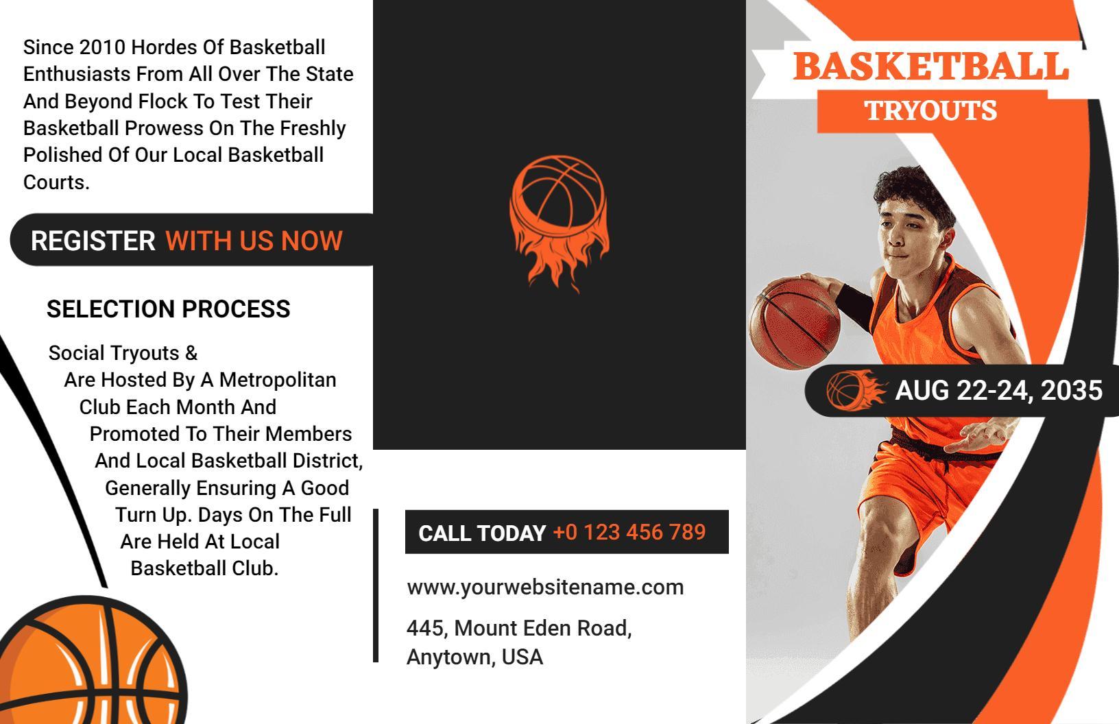 Exciting Basketball Tryouts Tournament Schedule Brochure Template