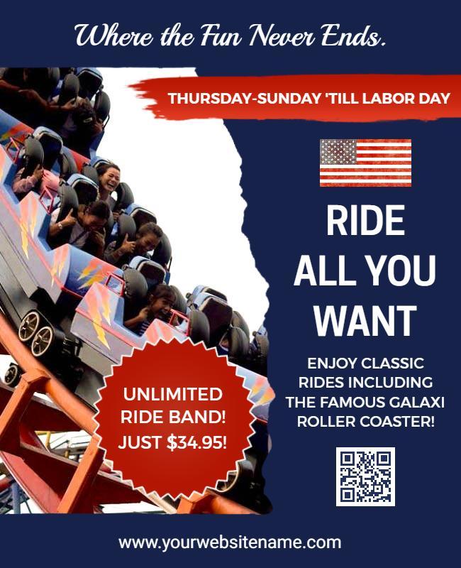 Exciting Blue Amusement Park Unlimited Ride Promotion Poster Template