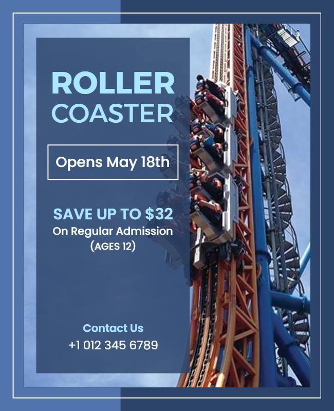 Exciting Blue Roller Coaster Opening Announcement Poster Template