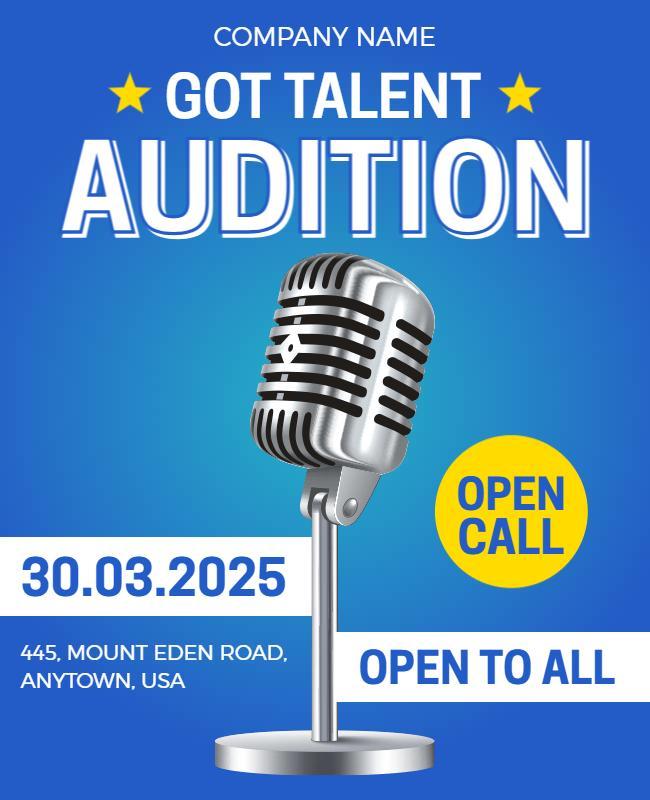 Exciting Blue Talent Audition Call with Microphone Poster Template