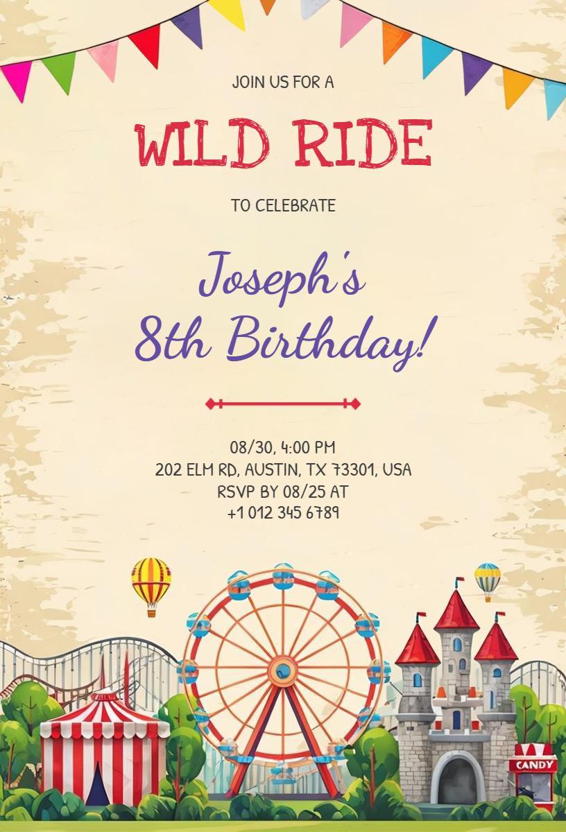 Exciting Carnival Ride 8th Birthday Celebration Invitation Template