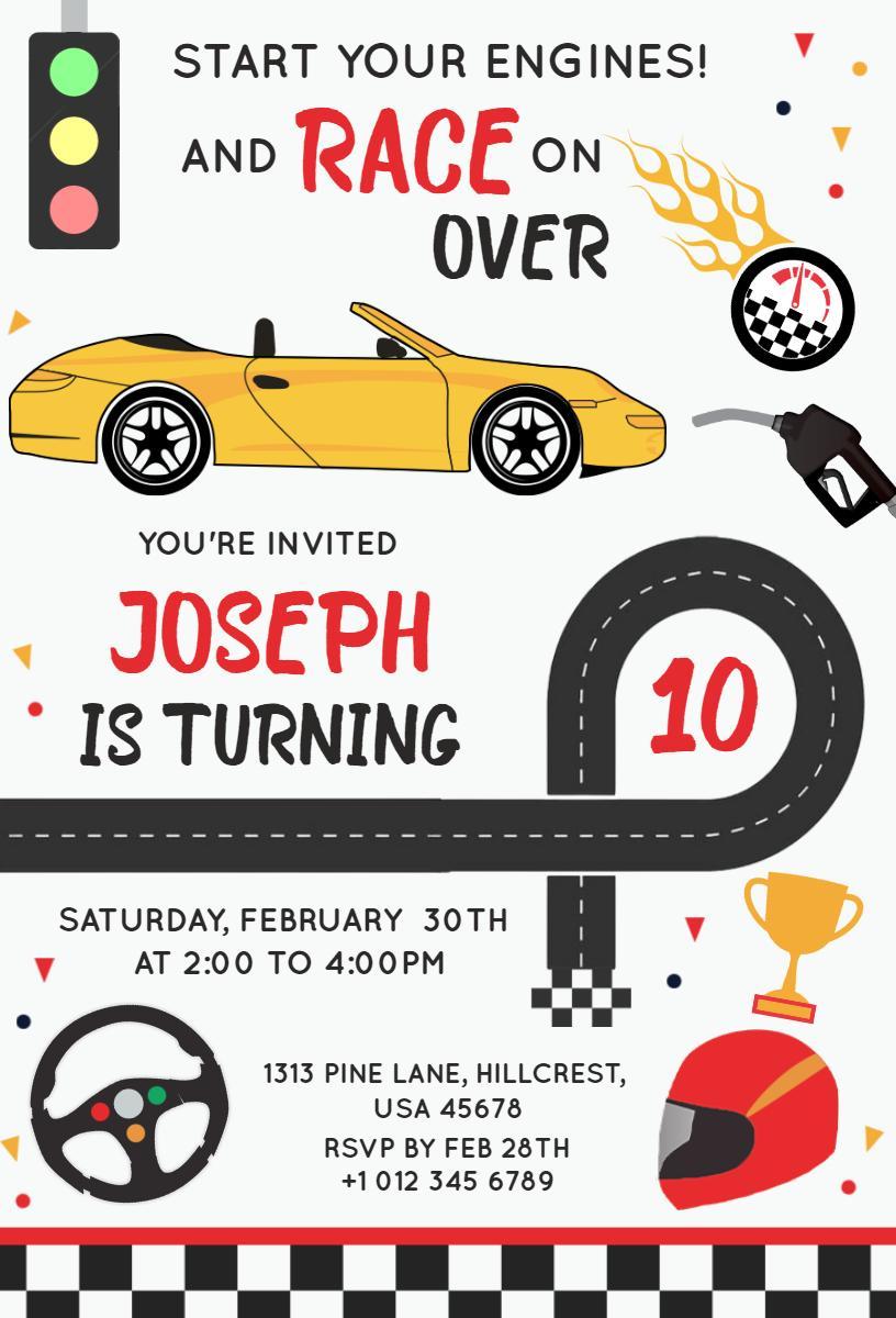 Exciting Cars Race Theme Birthday Celebration Invitation Template