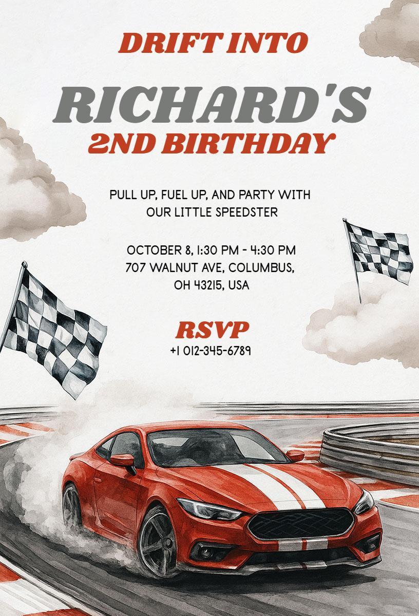 Exciting Cars Racing Theme 2nd Birthday Invitation Template