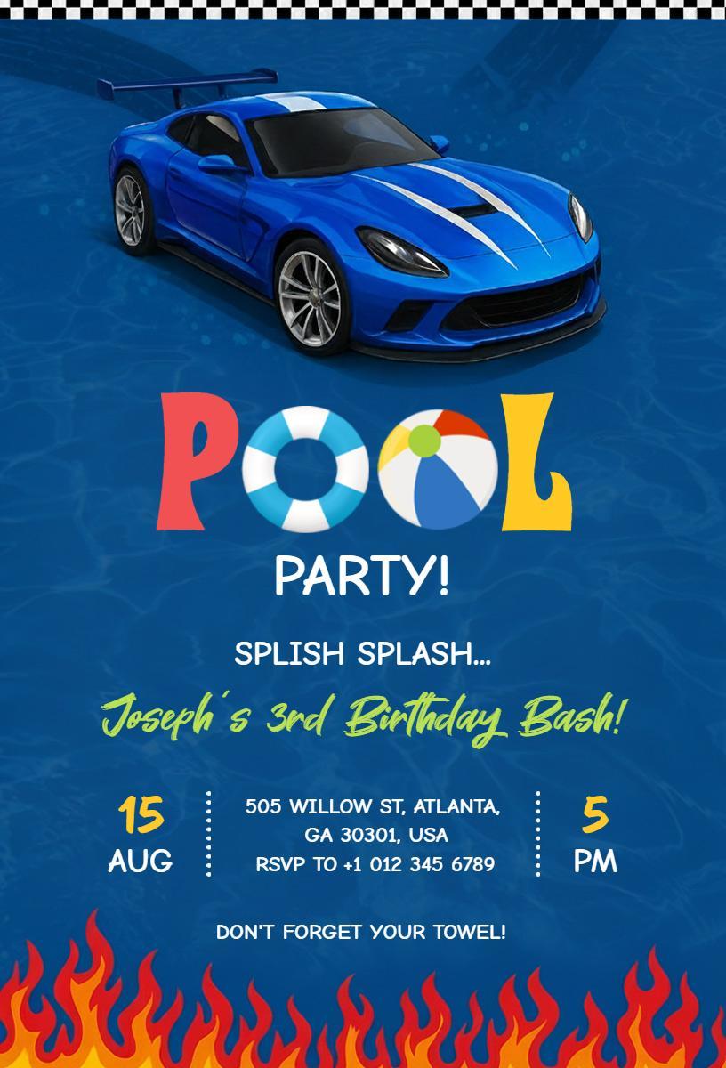 Exciting Cars Themed Pool Party Birthday Invitation Template