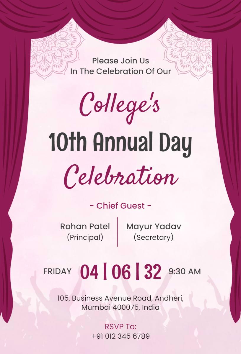 Exciting College 10th Annual Function Celebration Invitation Template