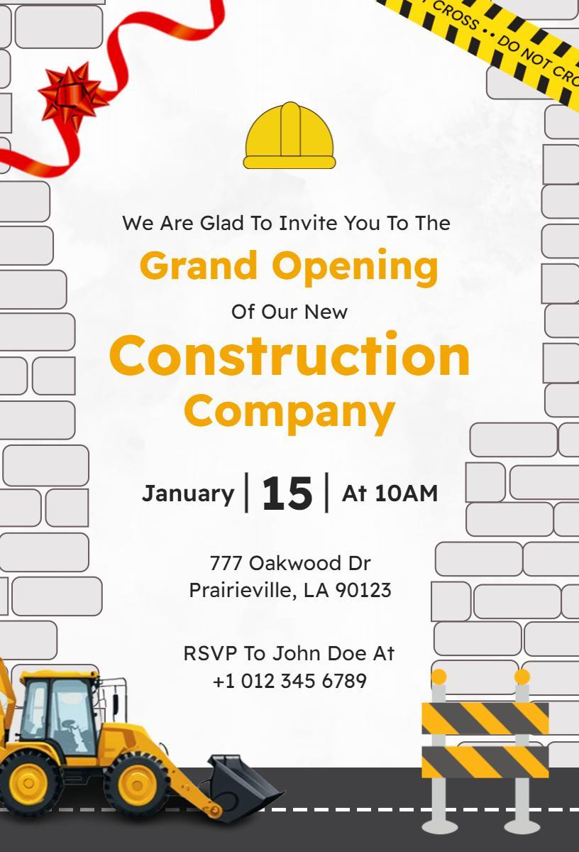 Exciting Construction Company Grand Opening Invitation Template