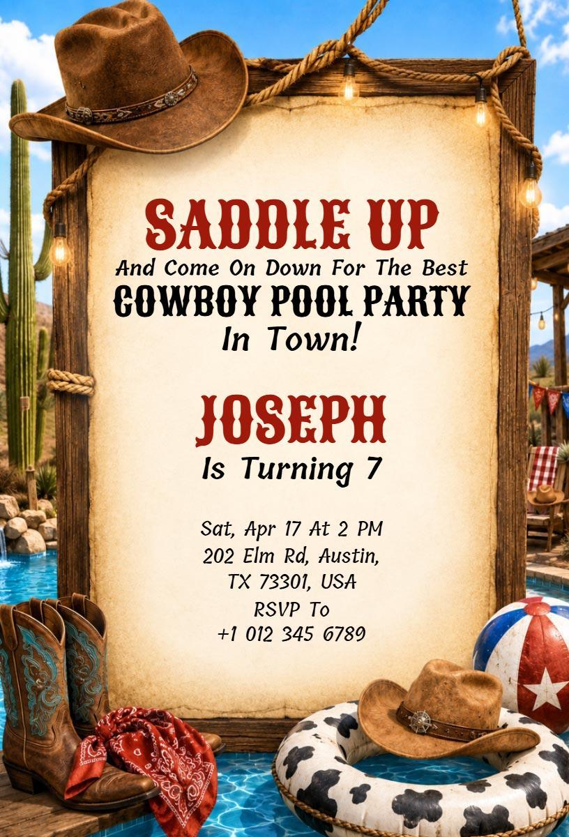 Exciting Cowboy Pool Party Celebration Birthday Invitation Template
