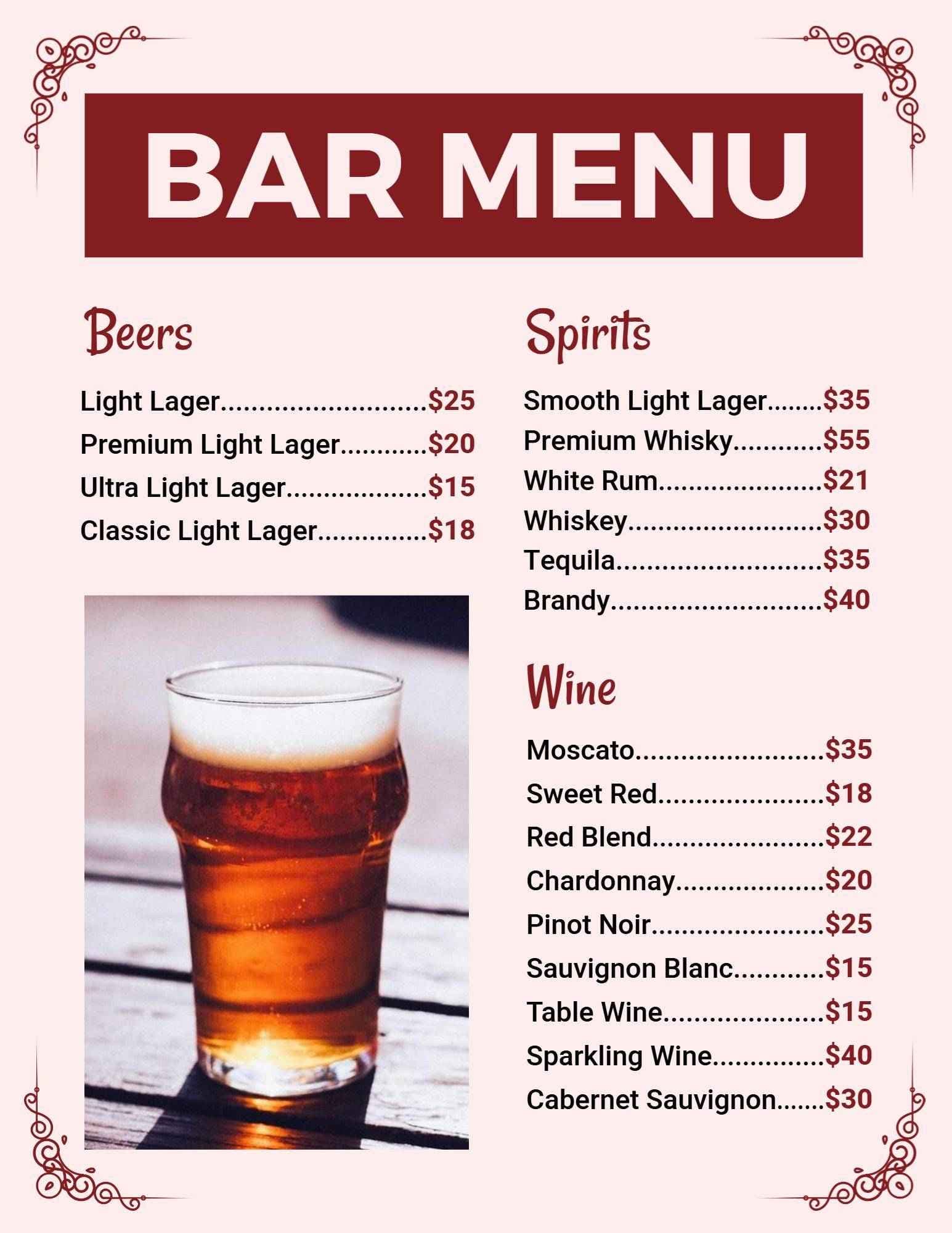 Exciting Craft Beers and Premium Spirits Selection Bar Menu Template