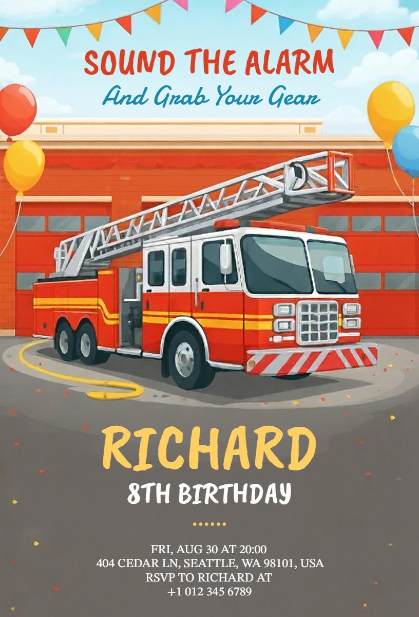 Exciting Fire Truck Adventure 8th Birthday Invitation Template