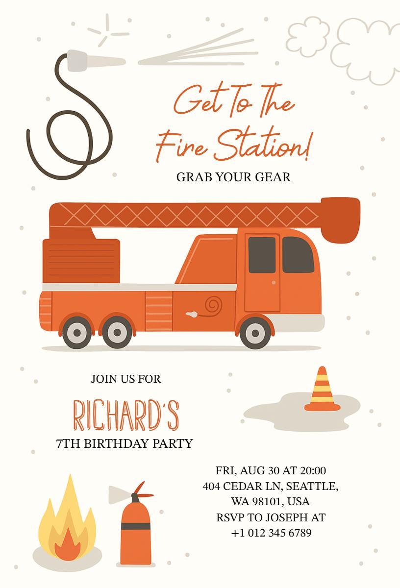 Exciting Fire Truck Adventure Birthday Celebration Invitation Template