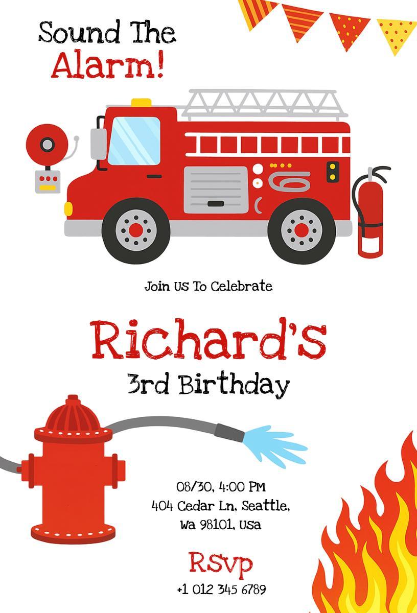 Exciting Fire Truck Theme Birthday Celebration Invitation Template
