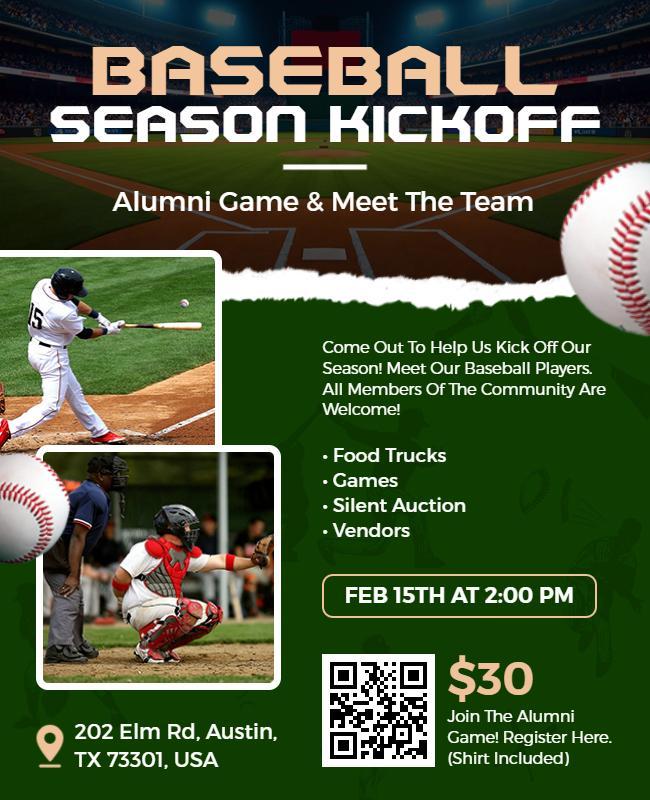 Exciting Green Alumni Baseball Game Season Kickoff Flyer Template