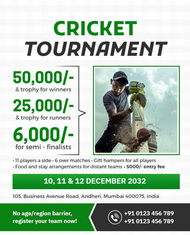 Exciting Green Cricket Tournament Competition Poster Template