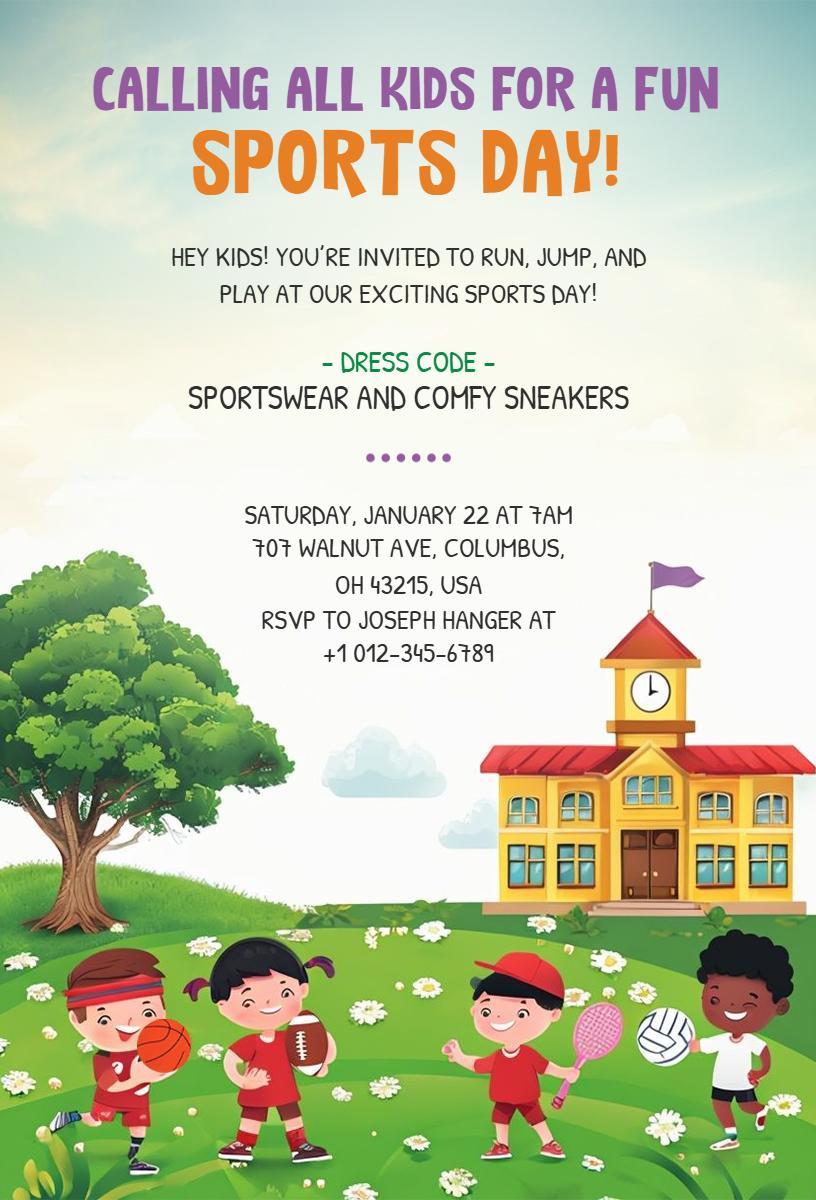 Exciting Kids Sports Day Celebration Invitation Template
