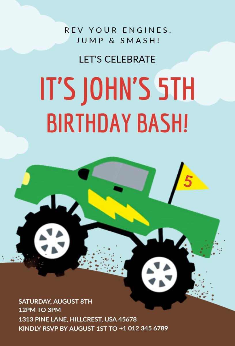 Exciting Monster Truck Adventure Birthday Celebration Invitation Template