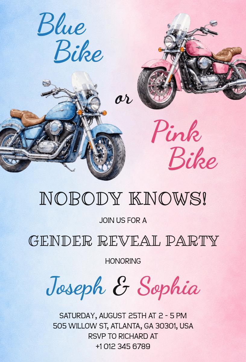 Exciting Motorbike Blue Pink Gender Reveal Party Invitation Template