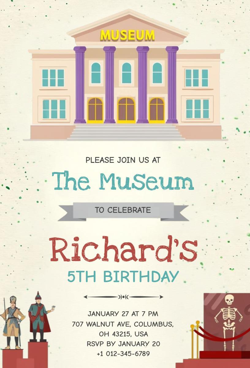 Exciting Museum Adventure 5th Birthday Celebration Invitation Template