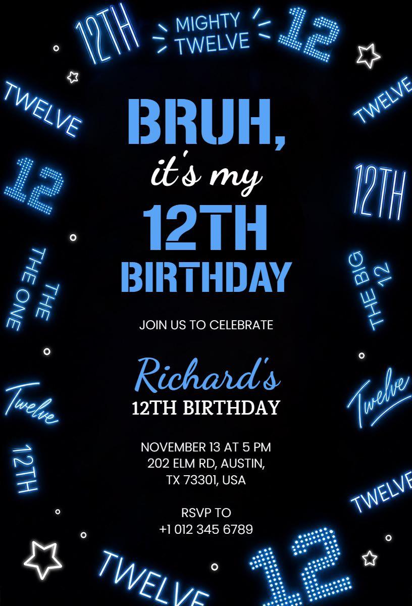 Exciting Neon Lights 12th Birthday Celebration Invitation Template