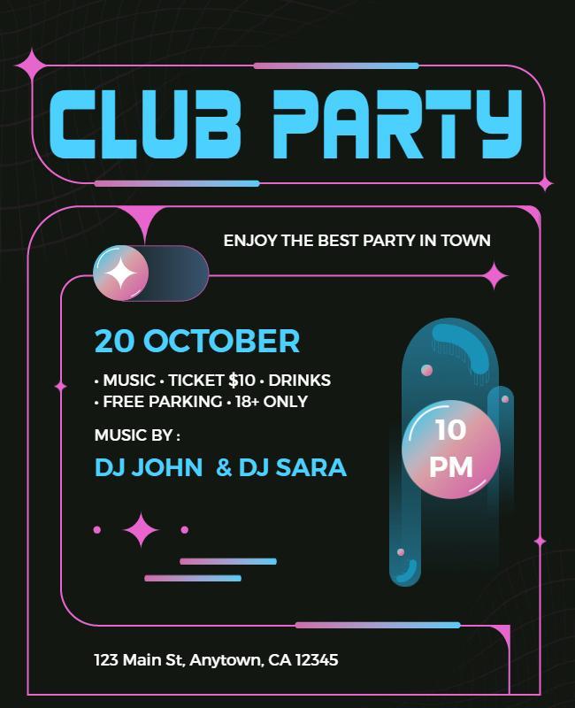 Neon Retro Club Party with Music and Drinks Flyer Template