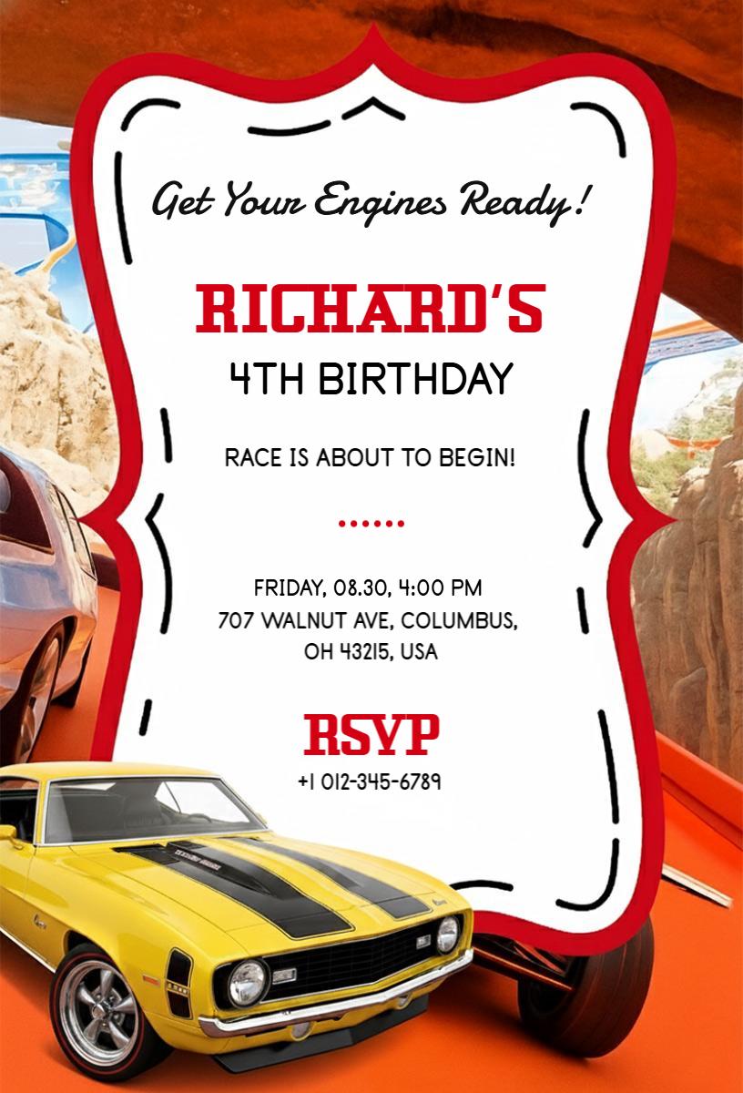 Exciting Race Car Theme Kids Birthday Celebration Invitation Template