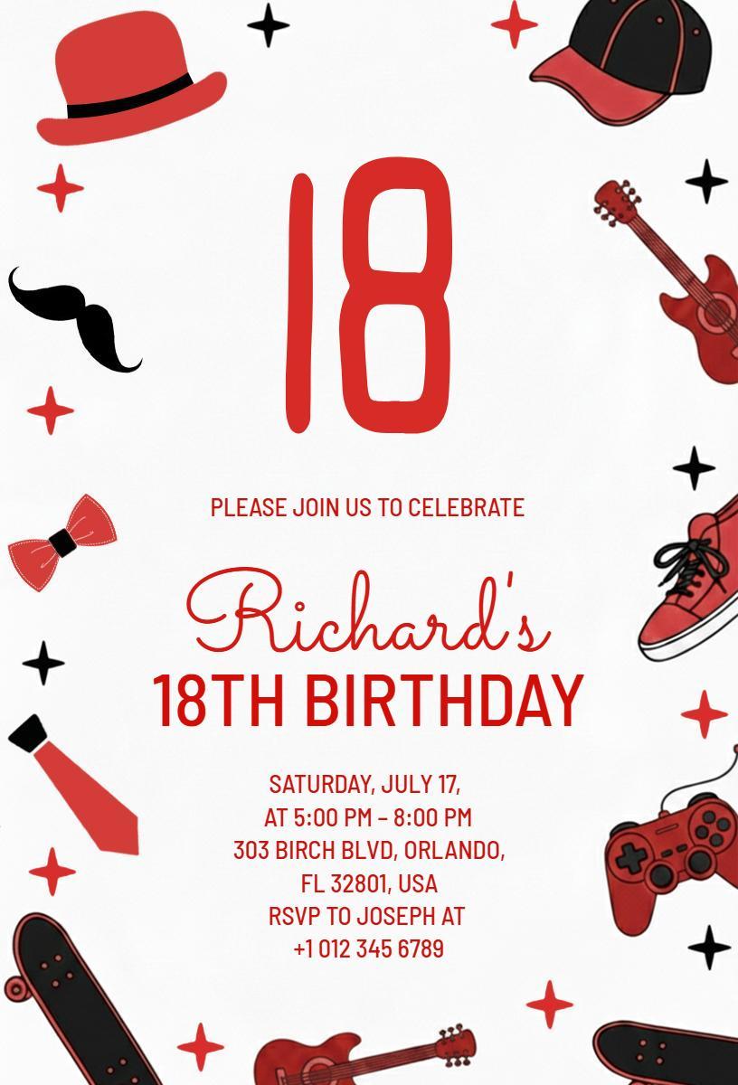 Exciting Red Sports Theme 18th Birthday Celebration Invitation Template