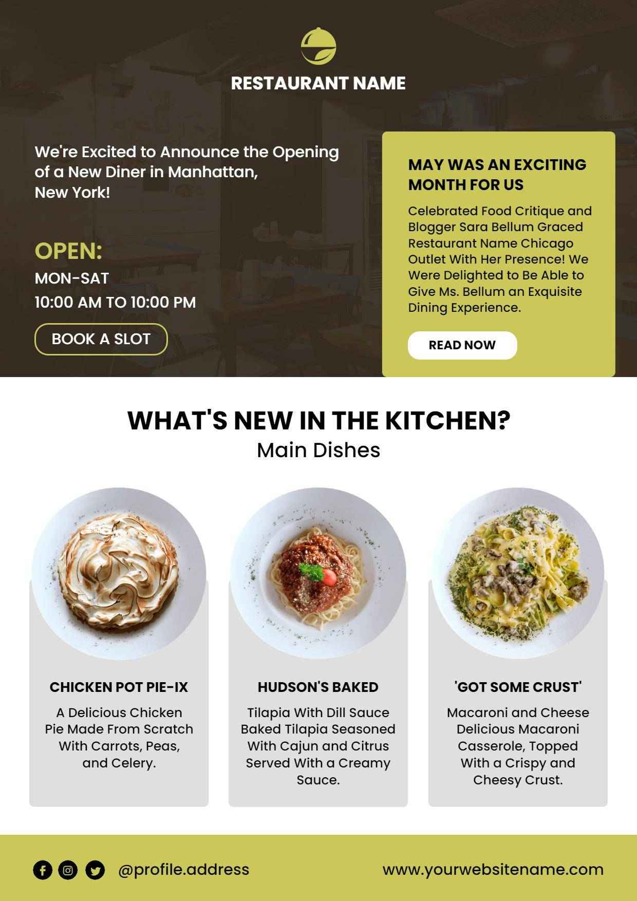 Exciting Restaurant New Diner Opening Announcement Newsletter Template