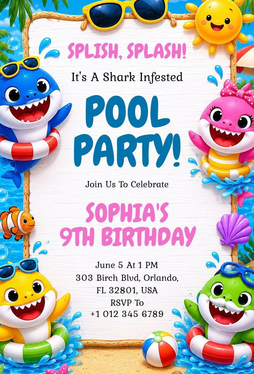 Exciting Shark Themed Kids Pool Party Invitation Template