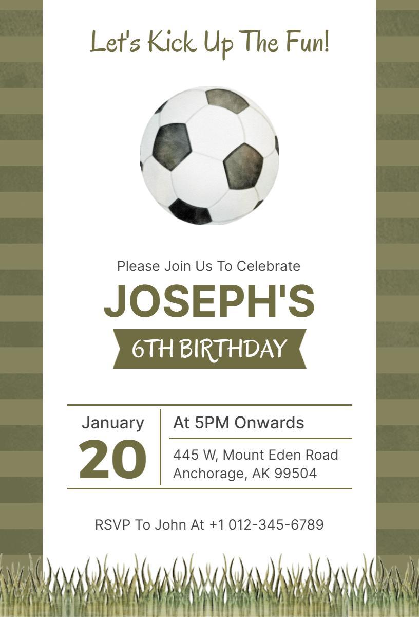 Exciting Soccer Theme 6th Birthday Celebration Invitation Template