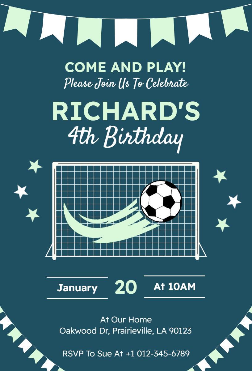 Exciting Soccer Themed 4th Birthday Celebration Invitation Template