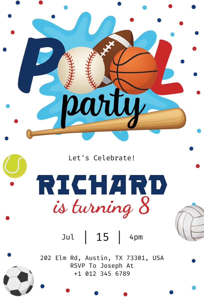 Exciting Sports Themed Pool Party Celebration Invitation Template