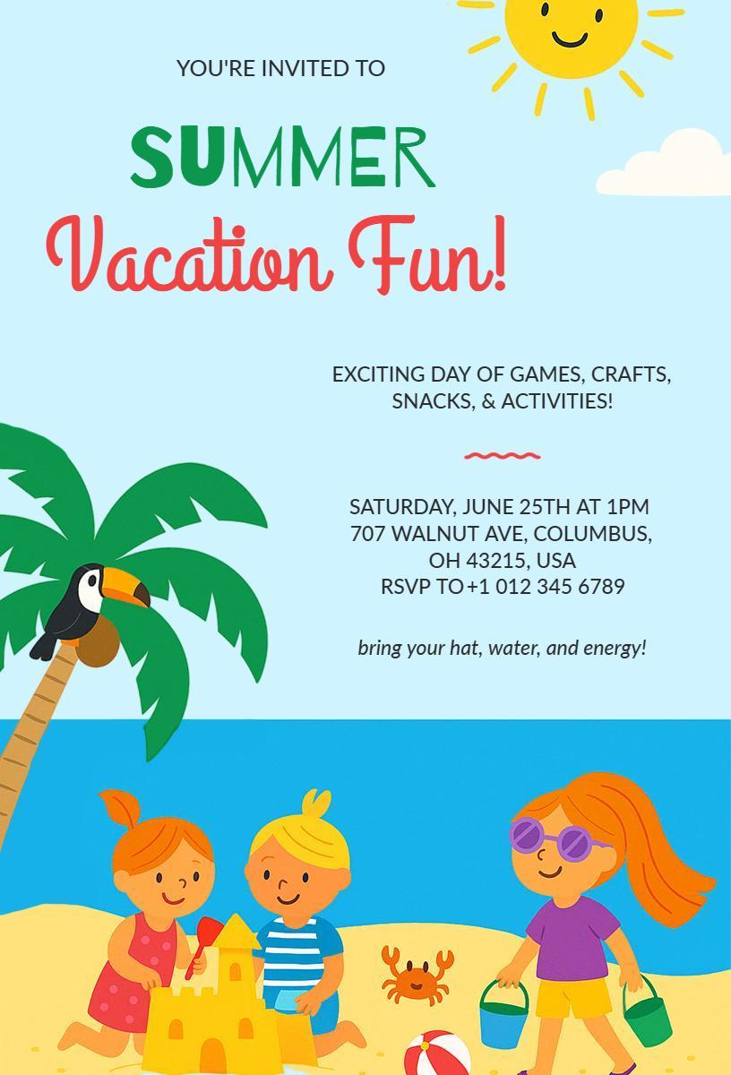 Exciting Summer Vacation Fun Beach Party Invitation Template