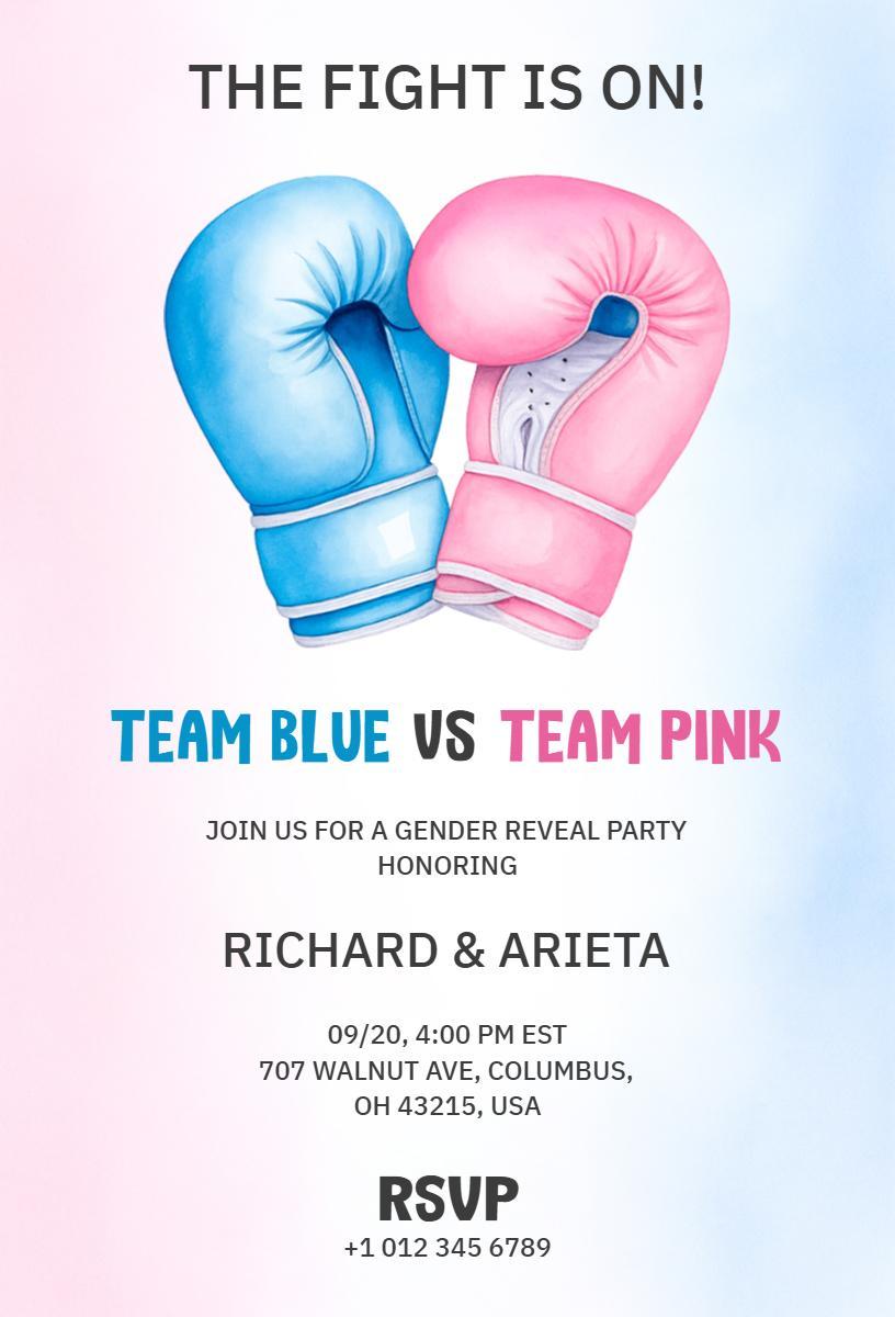 Exciting Team Blue vs Team Pink Gender Reveal Invitation Template