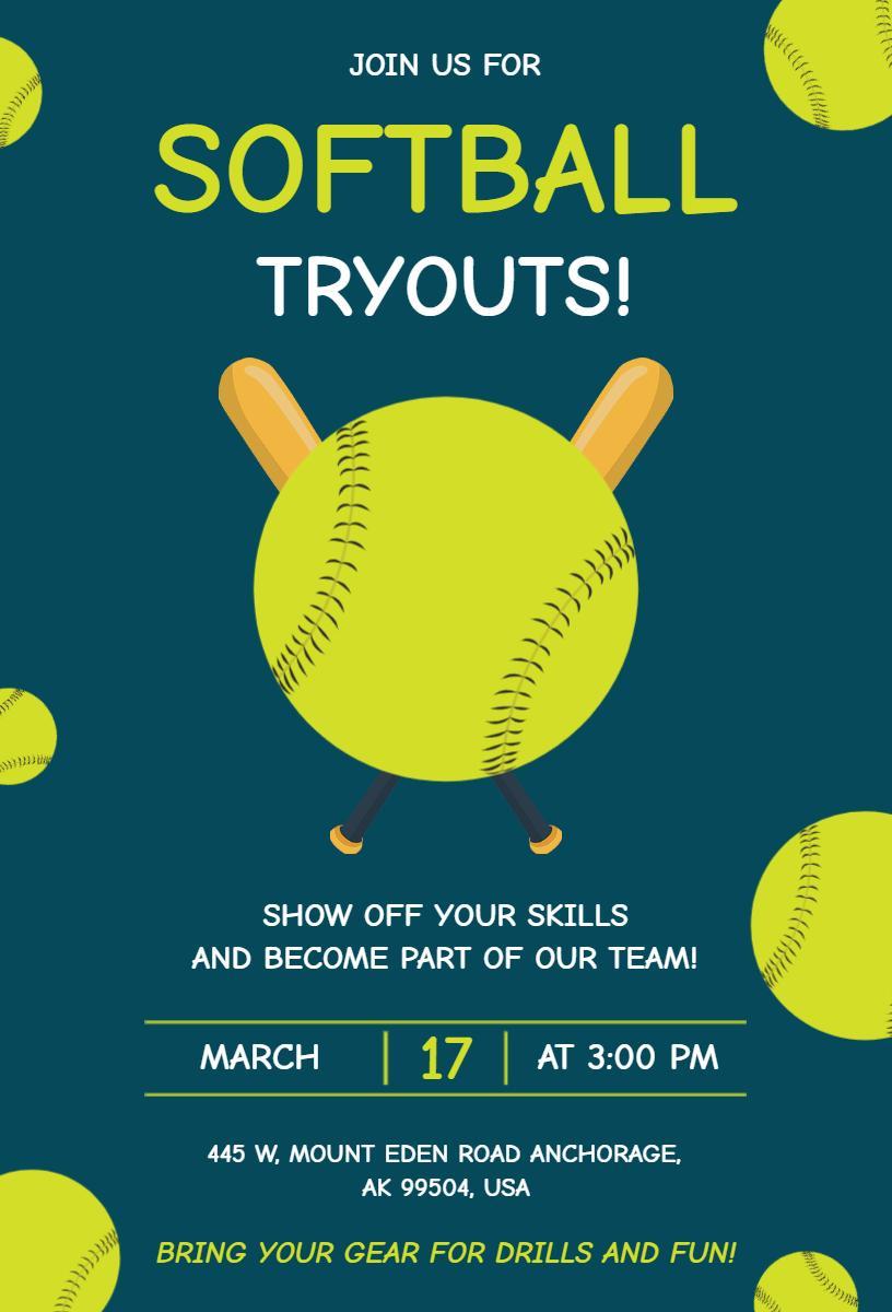 Exciting Team Softball Tryouts Sports Invitation Template