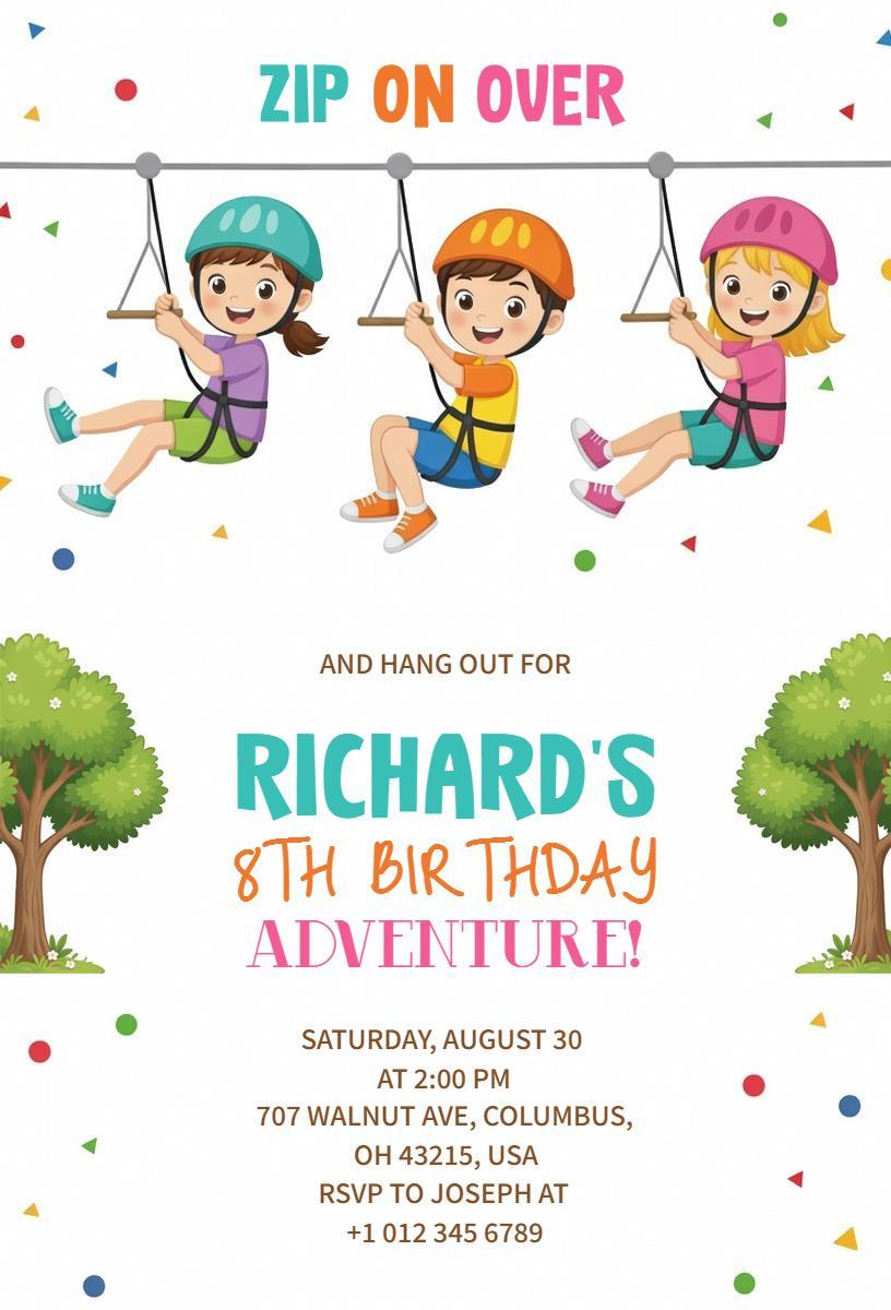 Exciting Zipline Adventure Kids Birthday Invitation Template
