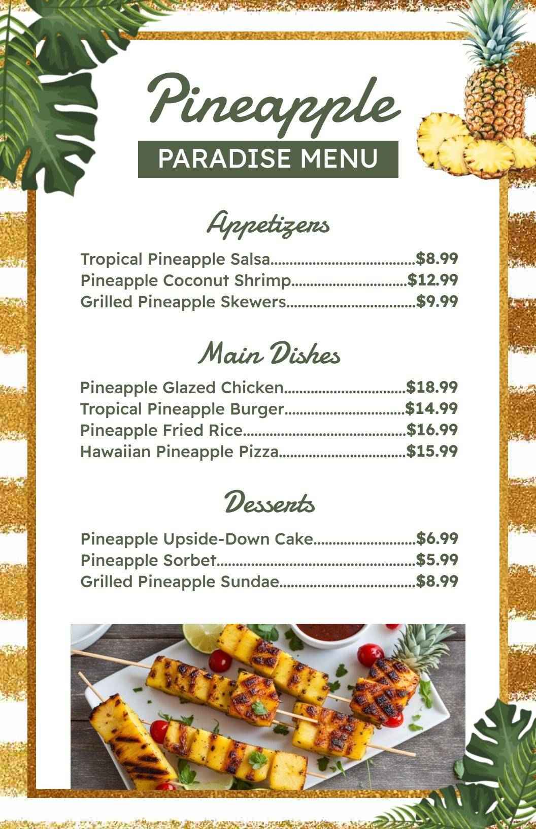 Exotic Green and Gold Pineapple Dining Menu Template